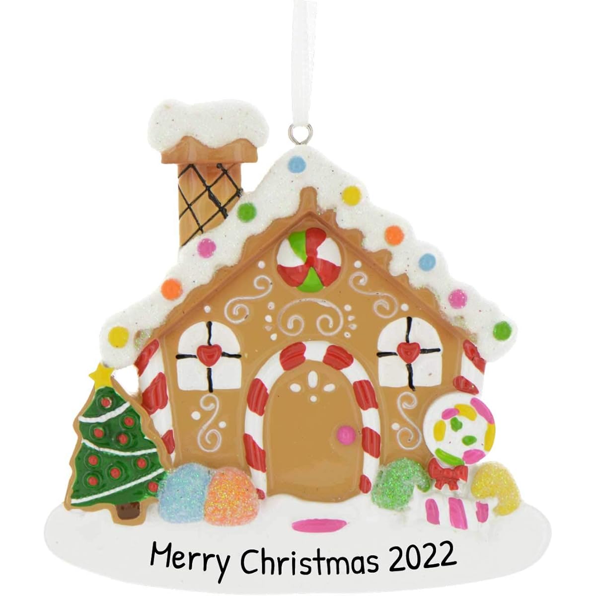 Named Gingerbread House Christmas Tree Ornament 2020 - Decorated Sweet Snow Candy Cane Elegant Single Family Housewarming Host Glitter Year Wooden Winter Front Housemate - Free Customization