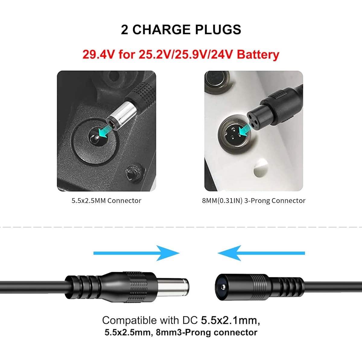 POANES 29.4V Electric Scooter Charger Universal 25.2V 25.9V 24V 7S Lithium Battery Pack 5.5x2.5mm DC Round Plug 8mm 3 Prong Connector (1.5A)