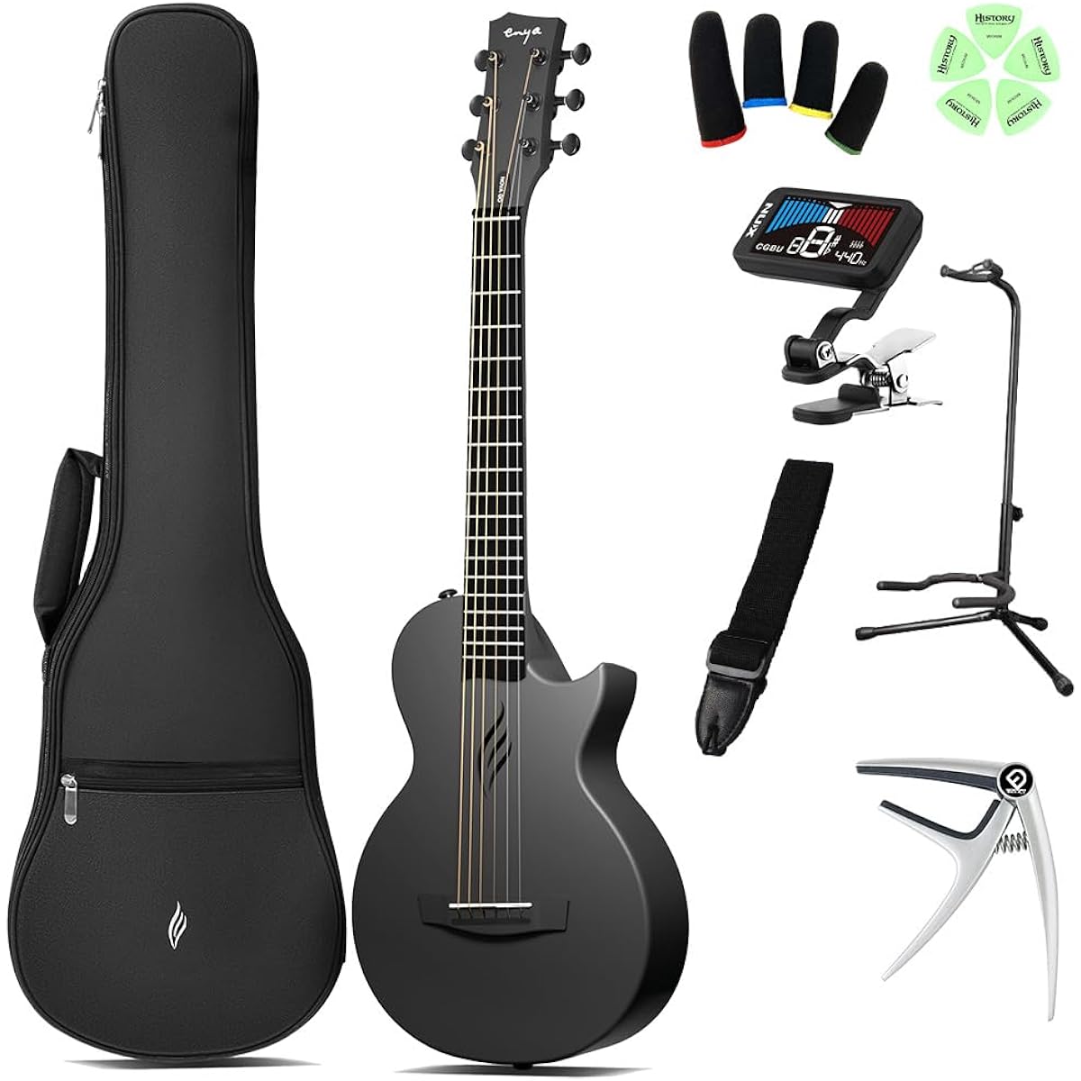ENYA NOVA GO Mini - Playable from age 4! Kids guitar beginner set - Acoustic guitar for kids - Black - Mini guitar - Carbon fiber - Lightweight - Thin body - Case included - [Official Japanese product] - Enya