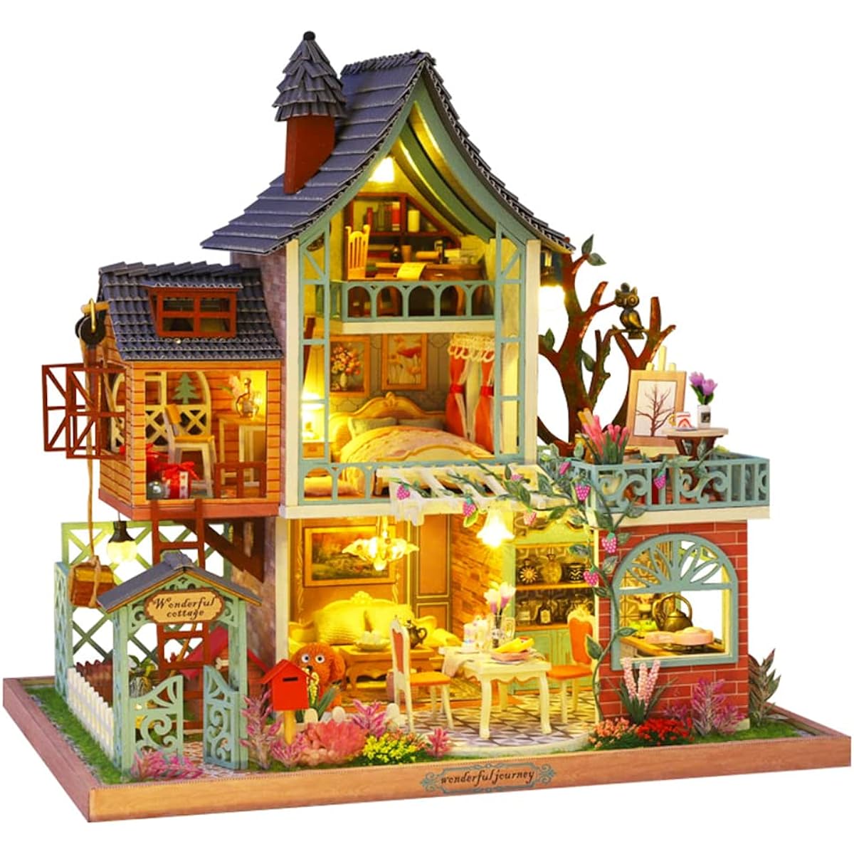 Roroom DIY Miniature and Furniture Dollhouse Kit, Mini 3D Wooden Dollhouse Craft Model with Dustproof Cover and Music Movement, Creative Room Ideas for Valentine's Day Birthday Gifts (JUNGCE Resort)
