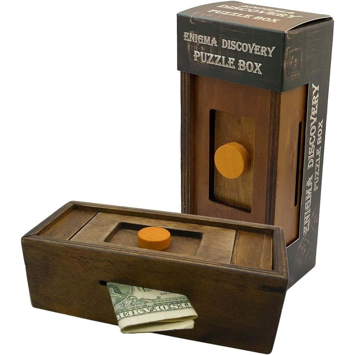 Enigma Secret Discovery Secret Box Wooden Puzzle Box with Hidden Compartments Money and Gift Card Slots Piggy Bank Brain Puzzle Game