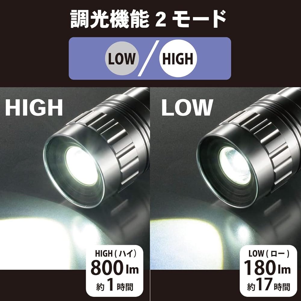 Ohm Electric Flashlight LED Handy Light Waterproof LED Zoom Light Sparkled 800 Lumens Slide Focus Waterproof Outdoor Dimming IP66 Compliant with ANSI Standards Aluminum Body Silver LHA-SP332Z-S2 08-1033 OHM