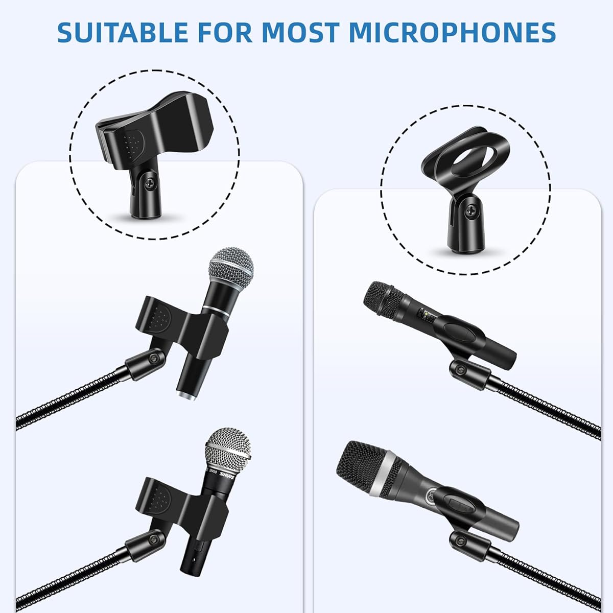 Microphone Stand Detachable Gooseneck Microphone Stand Microphone Arm Height Adjustable Adjustable from 24" to 67" Includes 2 Microphone Clips for Singing and Lectures
