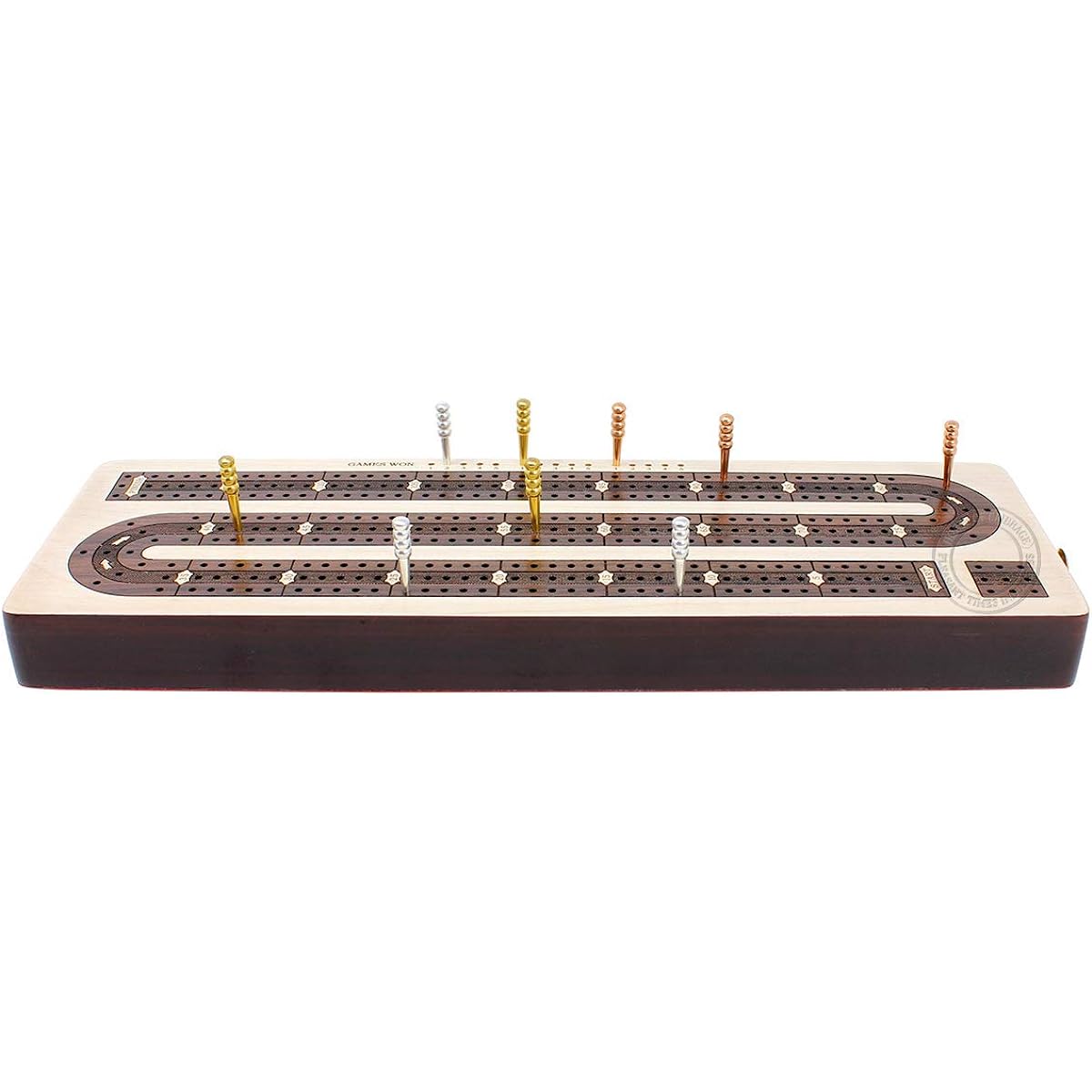 House of Cribbage - 3 Track Continuous Cribbage Board Inlaid with Rosewood - Maple Wood - Size: 12.5" - Storage Drawer for Cribbage Pegs