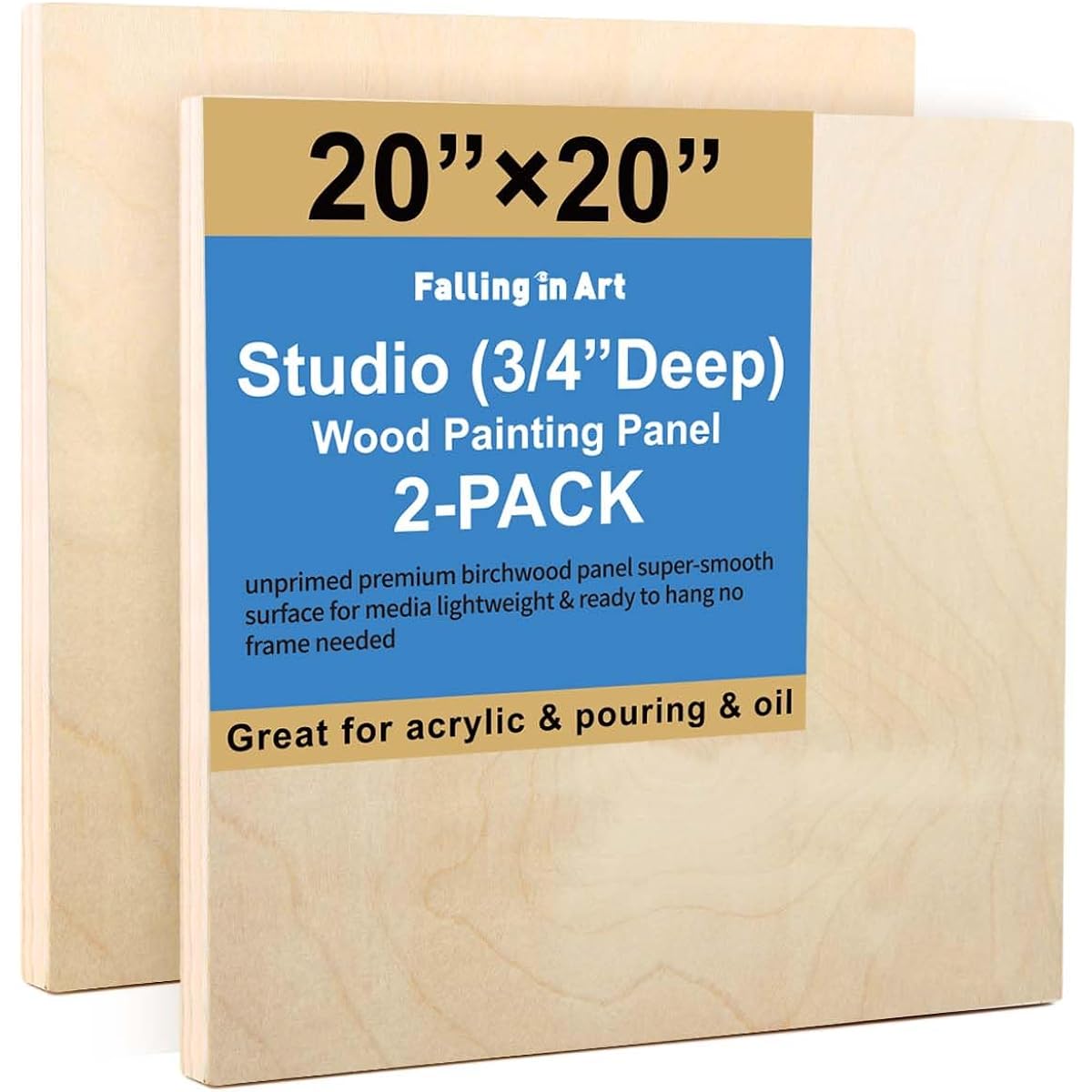 Falling in Art Unfinished Birch Wood Canvas Panel Kit 2 Pack 20x20" Studio 3/4" Deep Cradle Board for Arts, Crafts, Painting and More