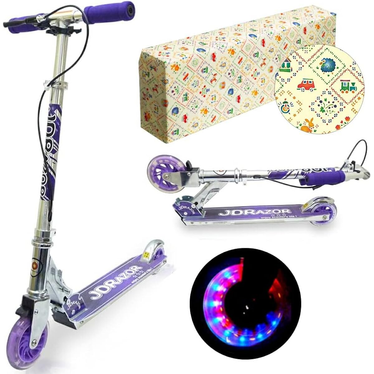 JD RAZOR MS-105RB Kickboard Kick Scooter for Children and Elementary School Students with Hand Brake, LED Light-Up Tires, Foldable, Compact, Lightweight, 2 Wheels, Great Gift