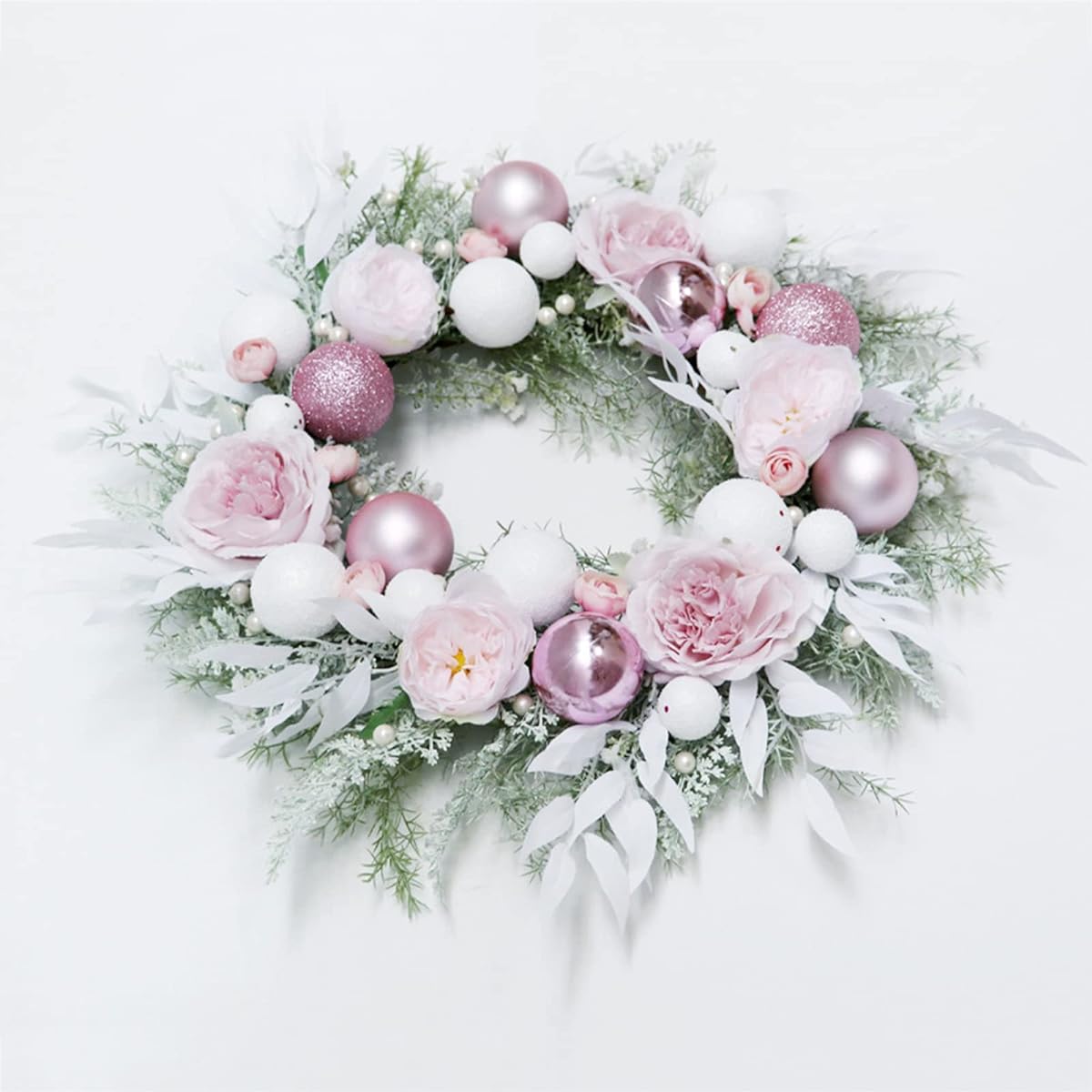 SLDHFE Peony Hydrangea Wreath 21.6 Inch Artificial Pink Peony Hydrangea Wreath for Entrance Door with Glitter Balls Faux Pink Flower Wreath with Green Leaves for Christmas Party Wedding Home Decoration