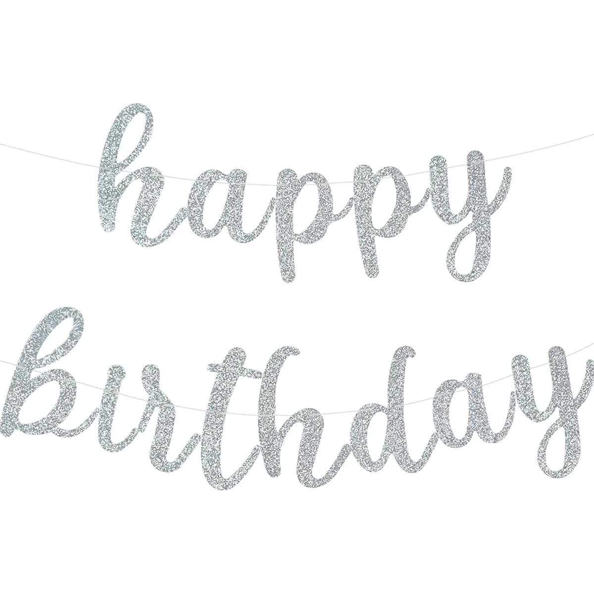 BEISHIDA Silver Happy Birthday Banner - No DIY - Silver Birthday Party Banner Script - Pre-strung - Silver Glitter Birthday Garland Ready-to-use Silver Birthday Party Decorations & Decorations