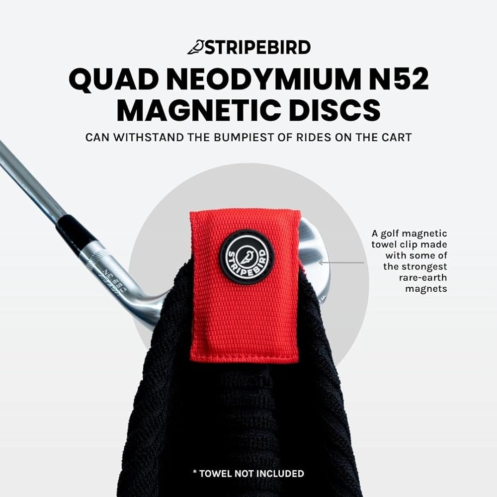 Stripebird Magnetic Clip for All Golf Towels (Major Red) - Strongest Magnet - Easy Access to Golf Towels While Golfing - Attaches to Golf Carts, Clubs, and Golf Hubs - Detachable from Towel