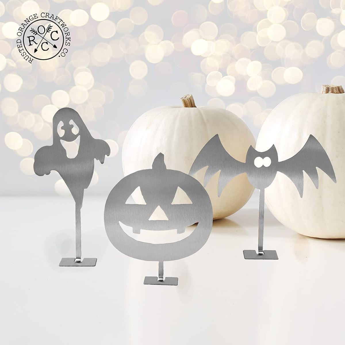 ROCC RUSTED ORANGE CRAFTWORKS CO. Stand Up Halloween Figures - Variety Pack - Bat Ghost Pumpkin Treehouse Set of 3 Party Decorations (Large Pumpkin Variety)