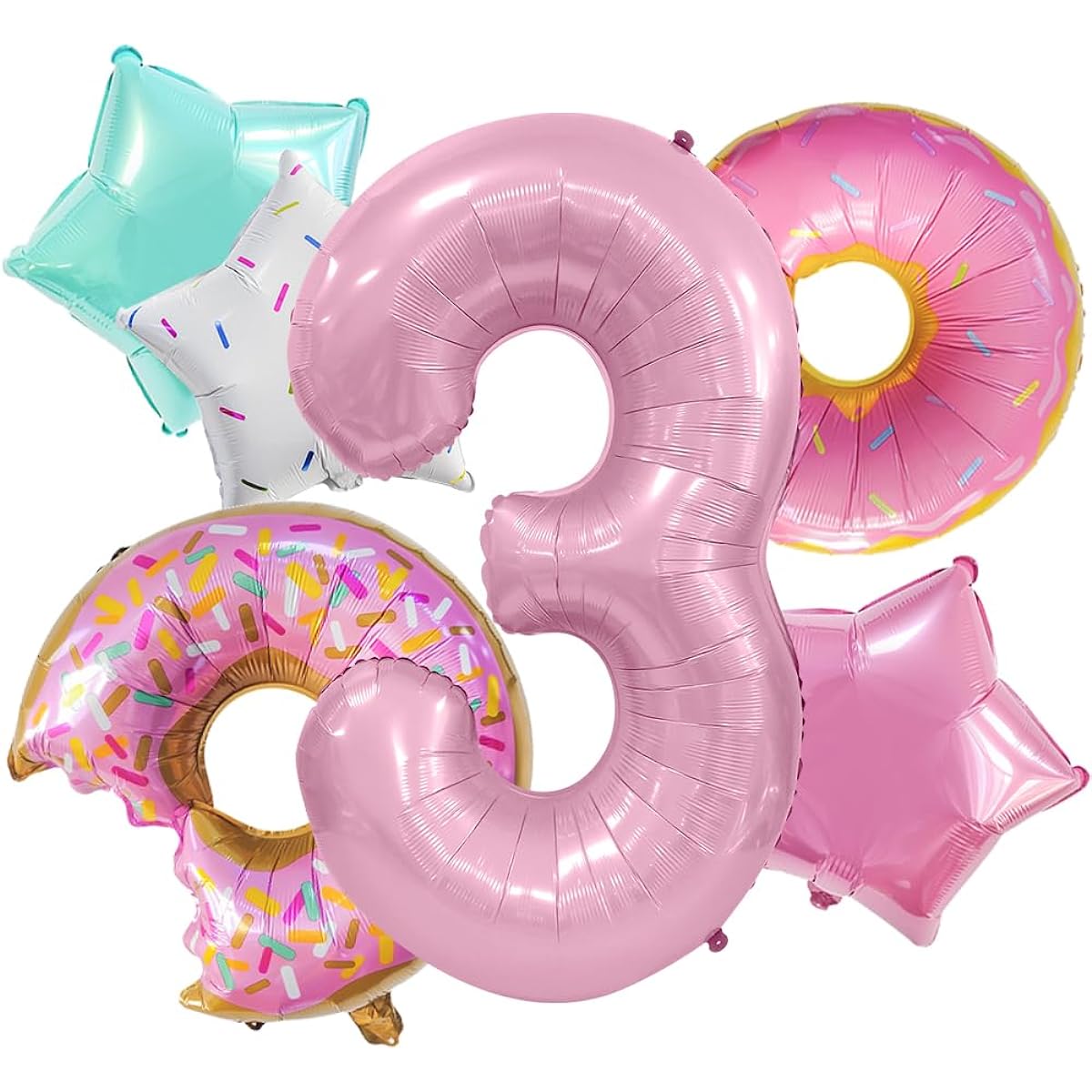 Donut Birthday Decorations, 6 Pieces Dokuna Donut Balloons, 3rd Birthday Decorations for Girls, Giant Number 3 Foil Mylar Balloons, 3 Year Old Donut Theme Birthday Party Supplies Decor (Donut-3)