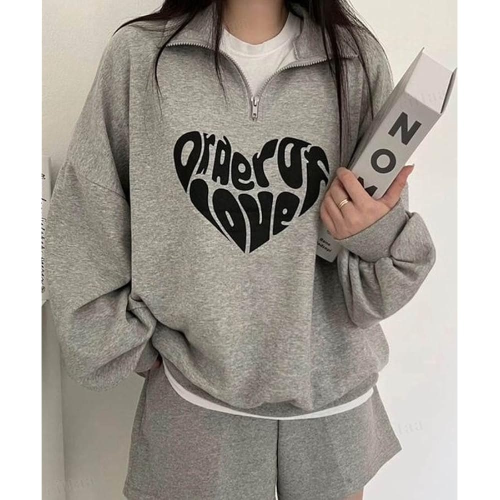[MIRA MARIV] Korean Fashion Women's Made in Korea and Directly Imported from Korea Sweatshirt Sweatshirt Women's Loose Loose Fleece Fleece Autumn/Winter LOVE Logo Half Zip Dolman Sleeve Sweatshirt