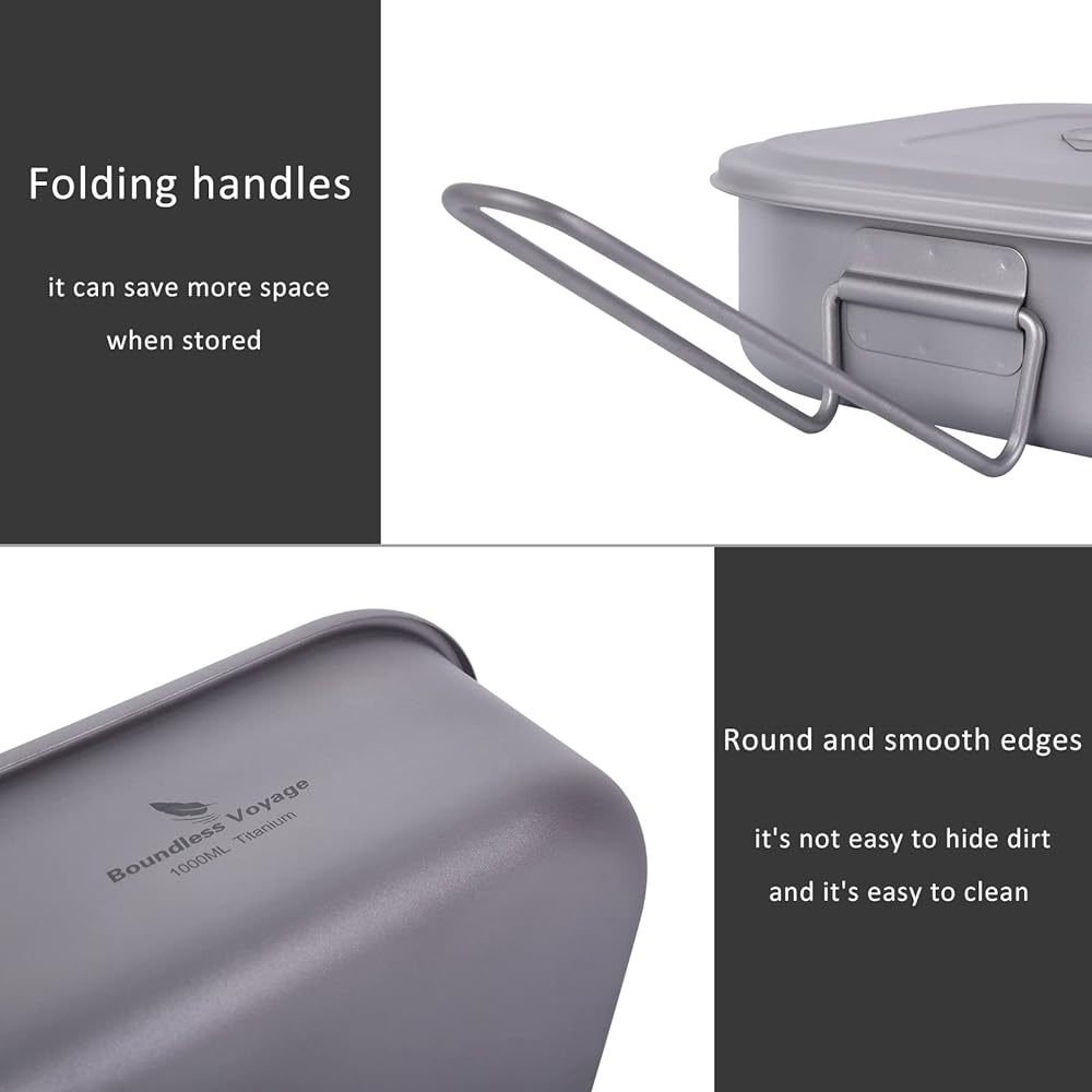 zyvoyage 1000ml Titanium Rice Pot Canteen Lunch Box with Lid and Folding Handle Camping Frying Pan Bushcraft Outdoor Rice Bowl Cookware