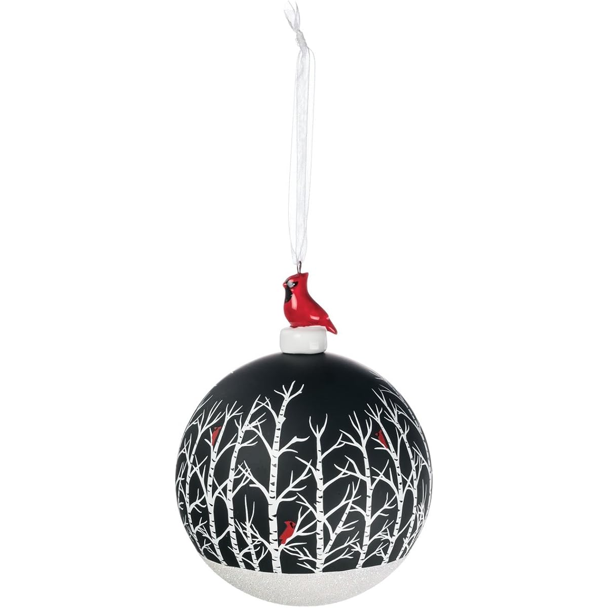 Sullivans - 10cm Christmas Tree Ball Ornament with a Sparkly Snowy Bottom, Trees with Red Cardinals and Topped with a Red Cardinal and a White Ribbon