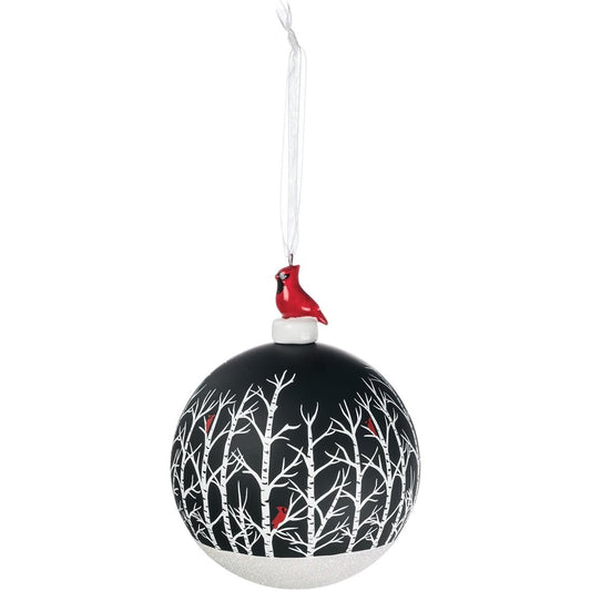 Sullivans - 10cm Christmas Tree Ball Ornament with a Sparkly Snowy Bottom, Trees with Red Cardinals and Topped with a Red Cardinal and a White Ribbon