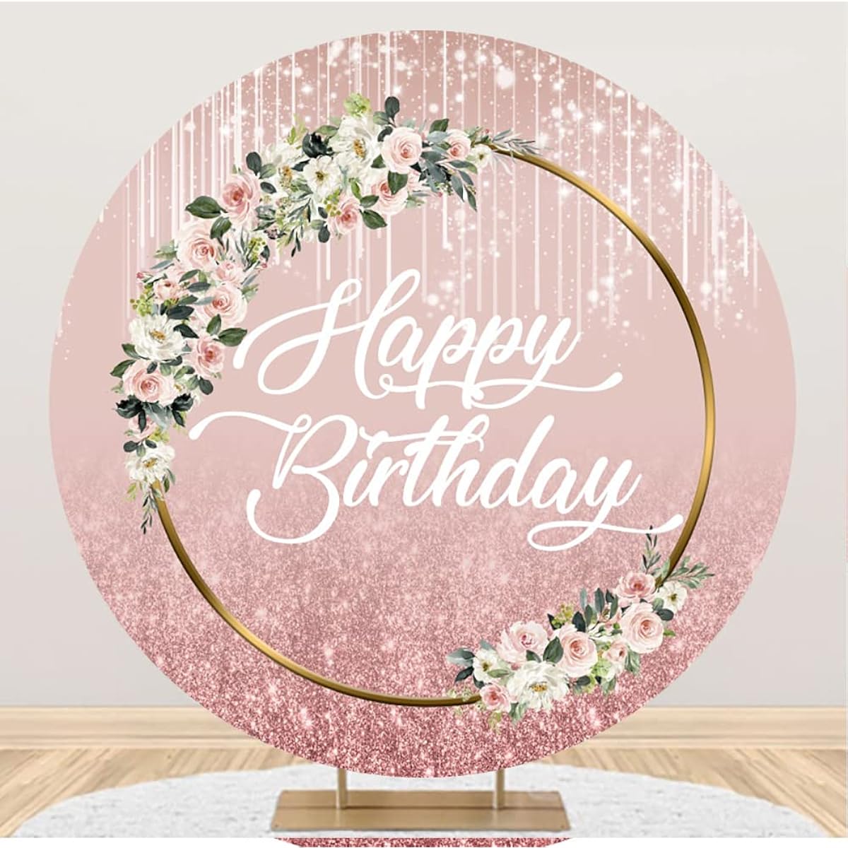 Canessioa 5x5ft Floral Glitter Birthday Round Backdrop Cover Pink Flowers Leaves Sparkling Pink Glitter Round Photography Backdrop Polyester Girls Women 20th 30th 40th Birthday Party Banner