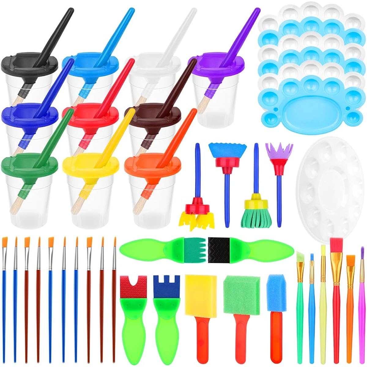 Paxcoo 55 Pack Paint Brushes for Kids, Kids Painting Tool Kit, Spill-Proof Paint Cup, Variety Kids Paint Brushes, Paint Palette, Kids Gifts, Birthday Art Party