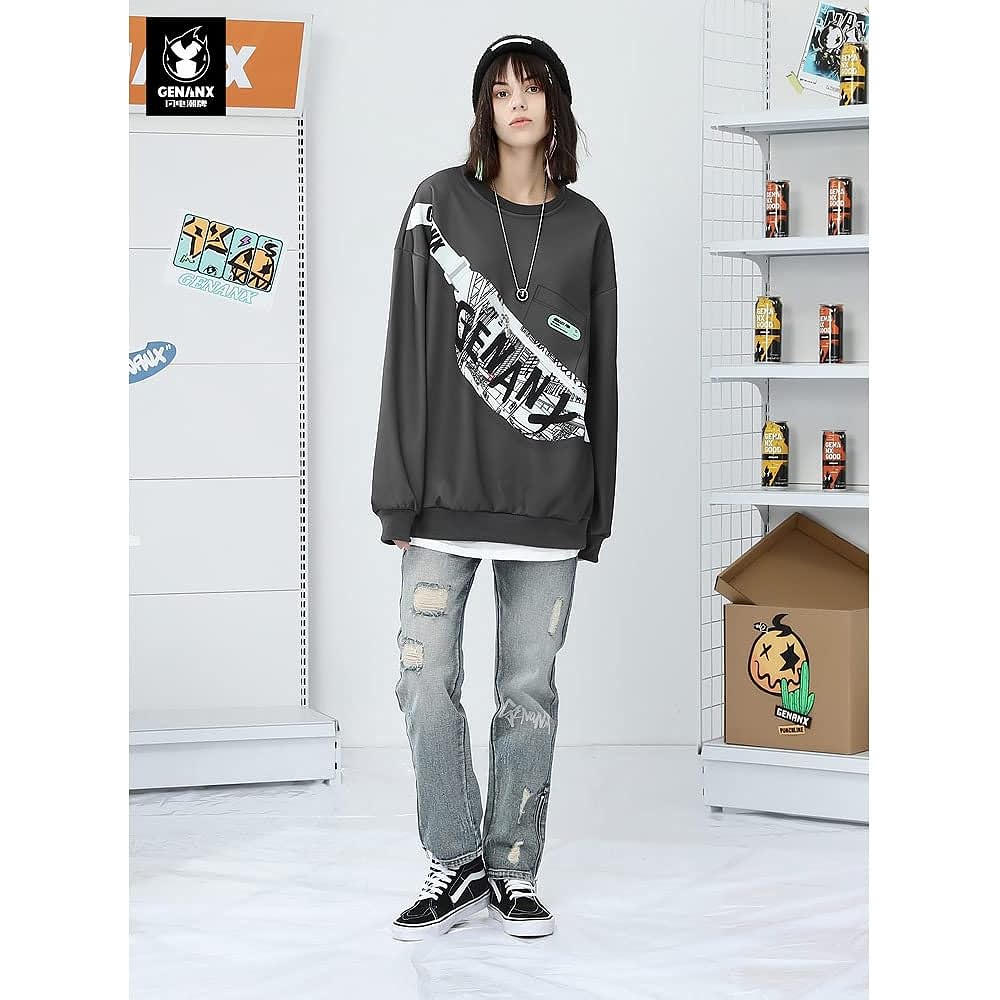 [Genanx] Unisex Graphic Typography Print Loose Fit Pullover Sweatshirt Detachable Bum Bag Crew Neck Hoodie