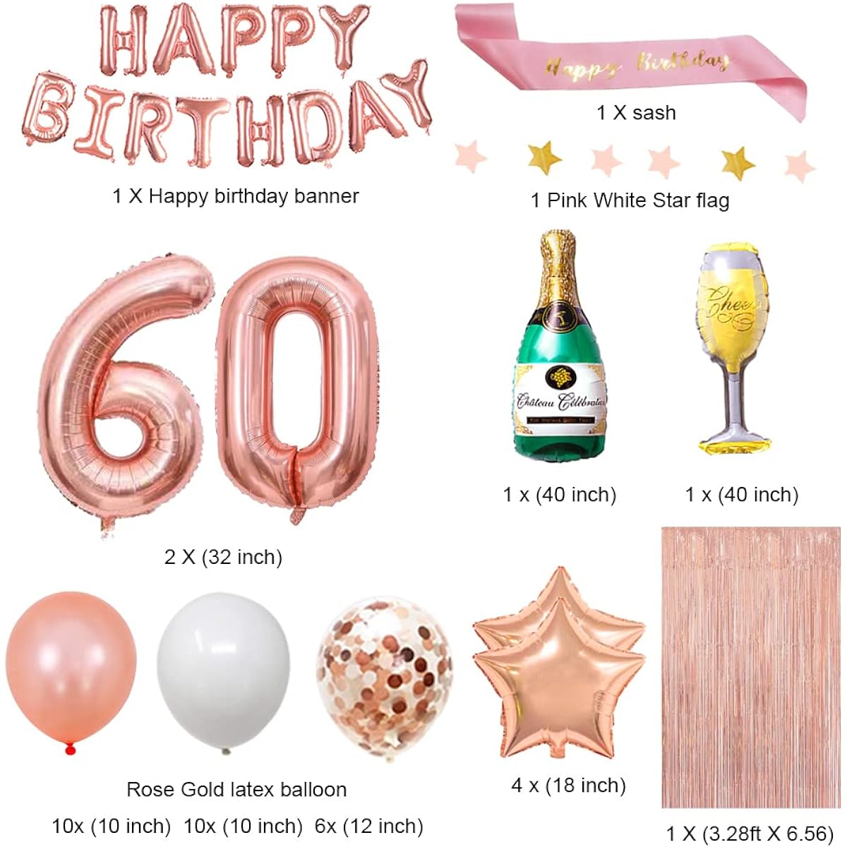 Fancypartyshop 60th Birthday Decorations - Rose Gold Happy Birthday Banner and Sash, Number 60 Balloons, Latex Confetti Balloons, Perfect for Women, 60th Birthday, Rose Gold