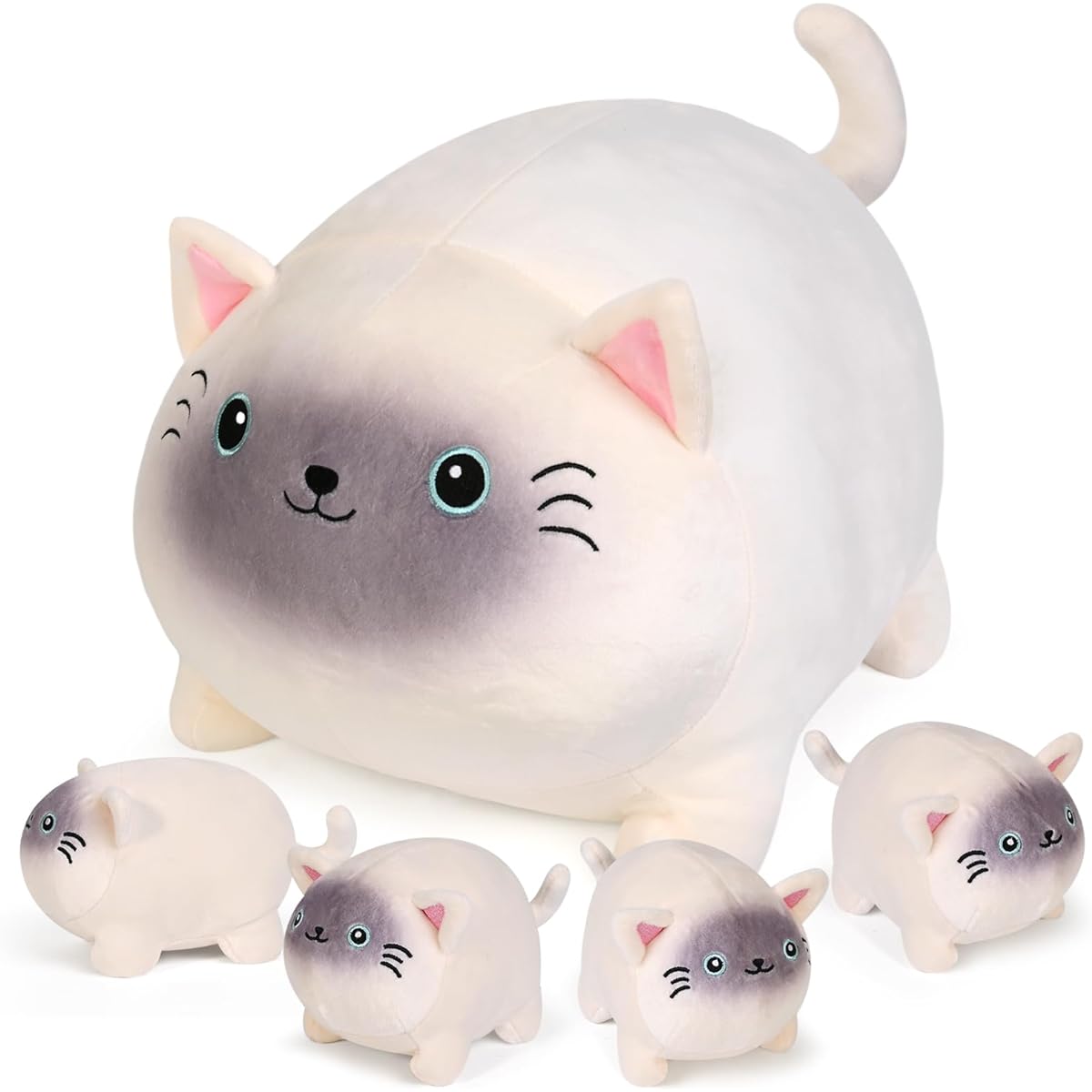 KMUYSL Siam Cat Plush Toy for Girls 3 4 5 6 7 8+ - Cat Mom Plush Toy 4 Kittens on Belly Valentine Birthday Gift Soft Stuffed Animal Set Baby Toddler Kids