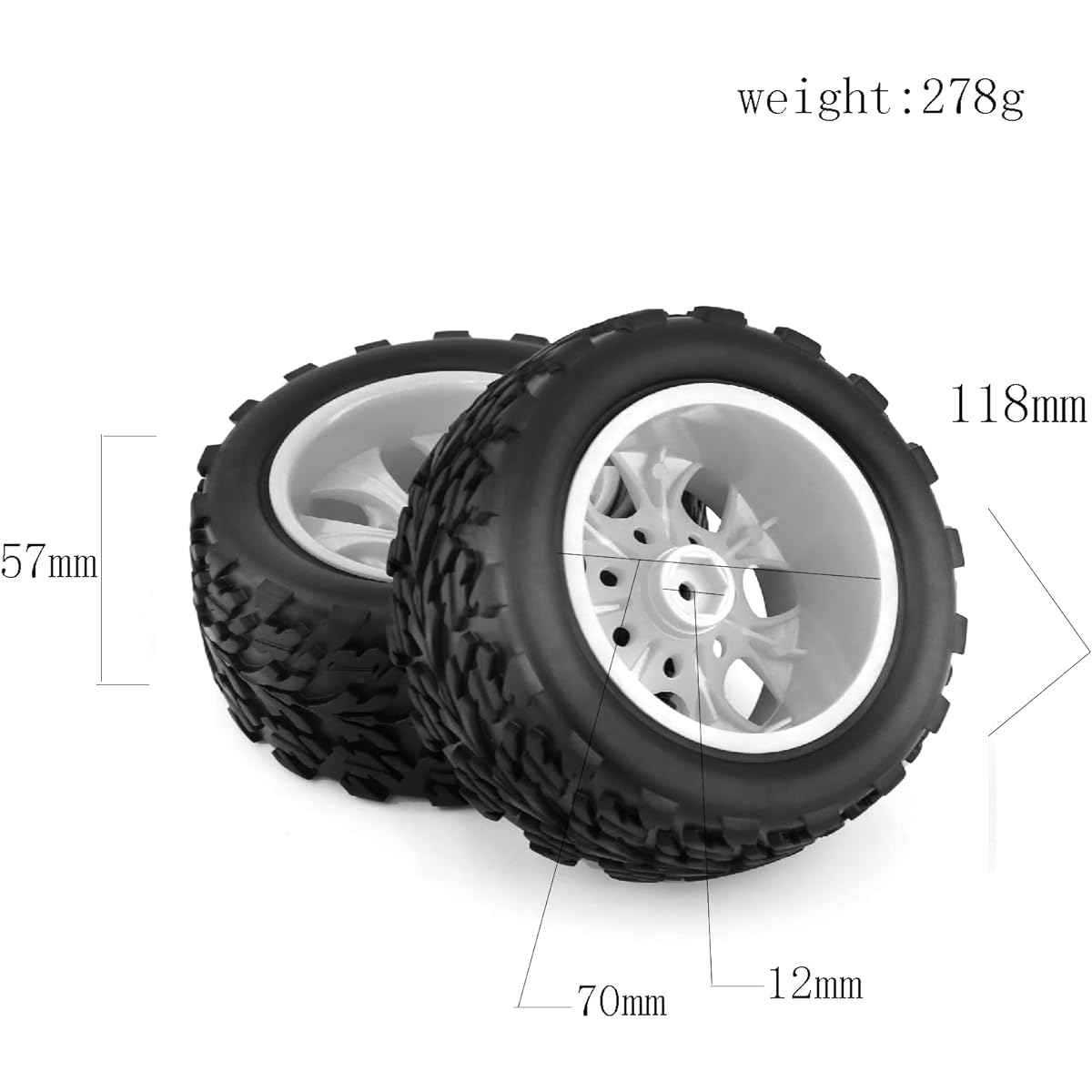 WLYEJEA 1/10 RC Buggy Truck Wheels 4pcs 118mm Off-Road Monster Tire Set 12mm Hex Fit for 1/10 RC Off-Road Truck Traxxas X-Maxx E-Revo Summit HSP 94111 94188 HPI Redcat, Black