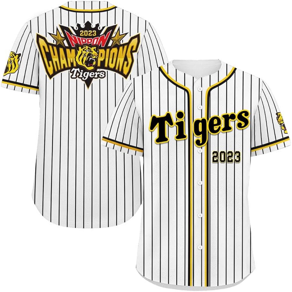 Salute to the tiger warriors! An embroidered championship uniform celebrating the first victory in 38 years.With hopes for the Hanshin Tigers' consecutive victory in 2024. Player names can be engraved. Moisture wicking and quick drying. Sizes: Boys to Ad