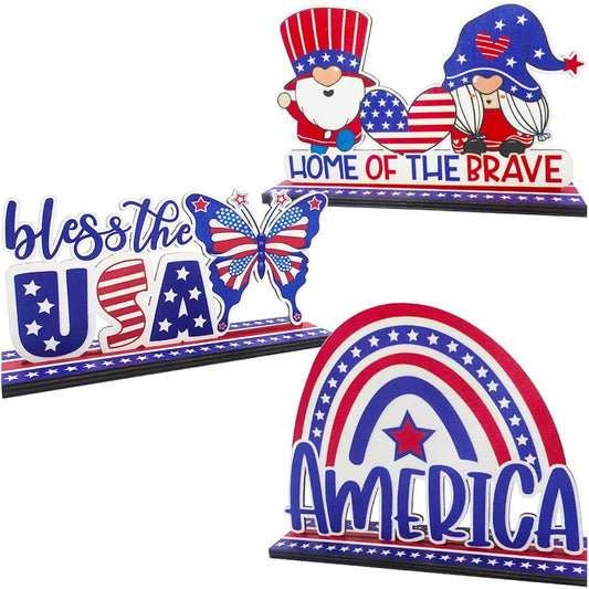 3 Piece Patriotic Table Decor Centerpiece Sign 4th of July Gnomes Ornament Bless America Wooden Decor Memorial Day Patriotic Party Dinner Coffee Table Topper Independence Day Decorations