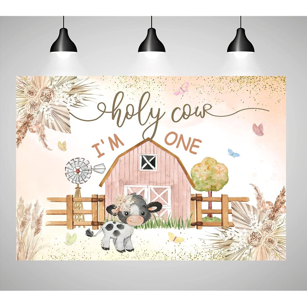 Holy Cow I'm One Birthday Backdrop for Girls Boho Pampas Grass Barn Farm Photography Background Decoration Girls 1st Birthday Party Cake Table Banner 7x5ft