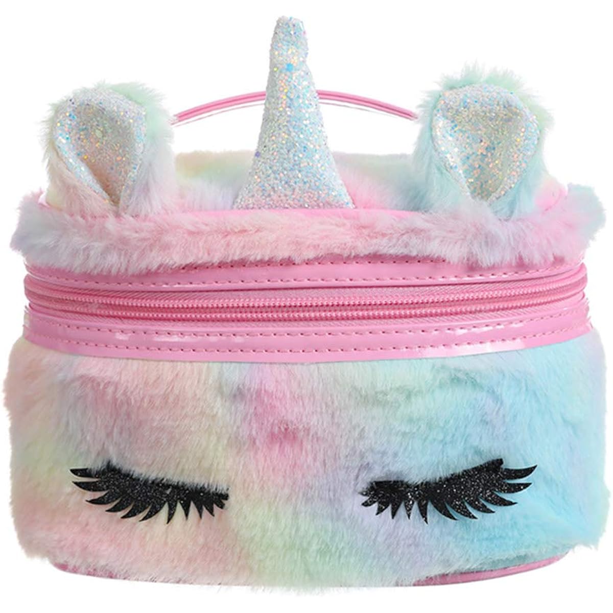 Women Girls Kids Fluffy Faux Fur Unicorn Makeup Bag Small Cosmetic Organizer Plush Travel Storage Bag Toiletry Kit Case Rainbow