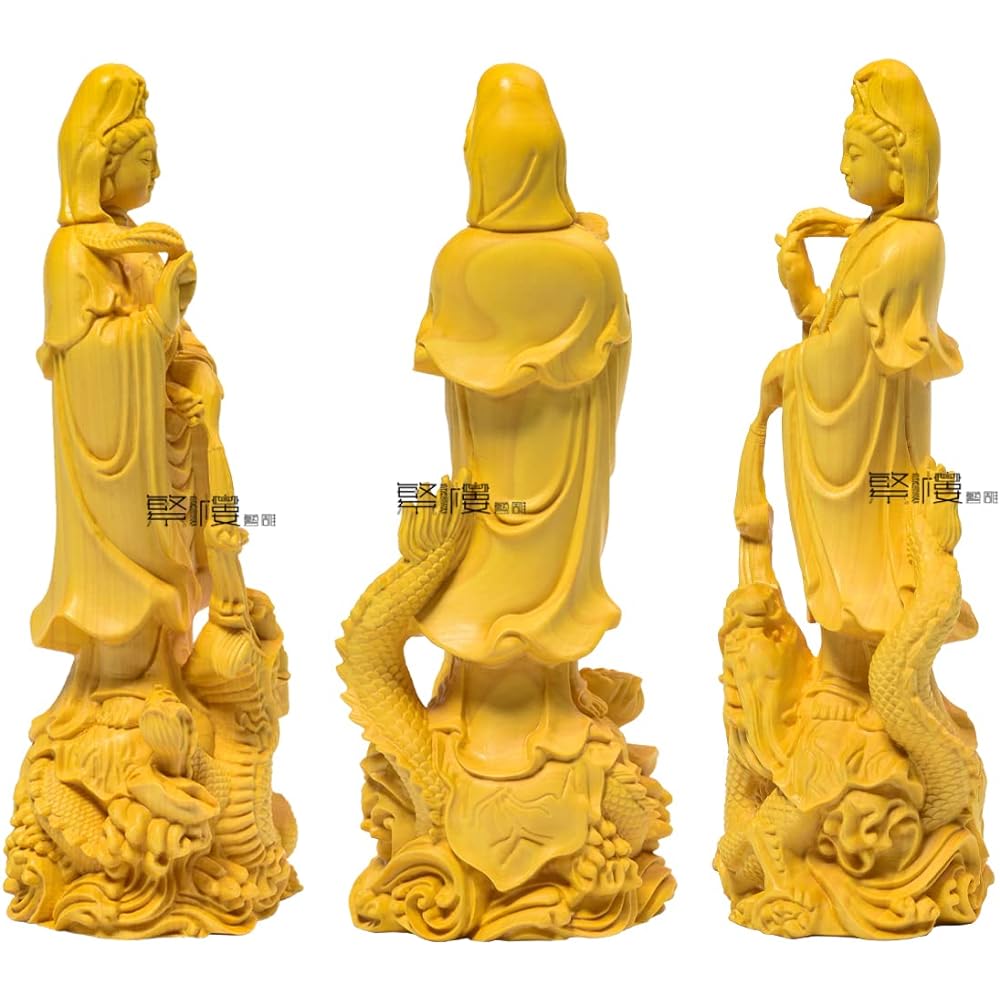 Hanro Art Sculpture, Buddha Statue, Kannon Statue, Ryujo Kannon, Ryu Kannon, Ornament, Wood Carving, Buddhist Altar Buddha Statue, Pray, Warm Off, Tsuge Tree (Height 17cm x Width 6.5cm x Depth 6cm)