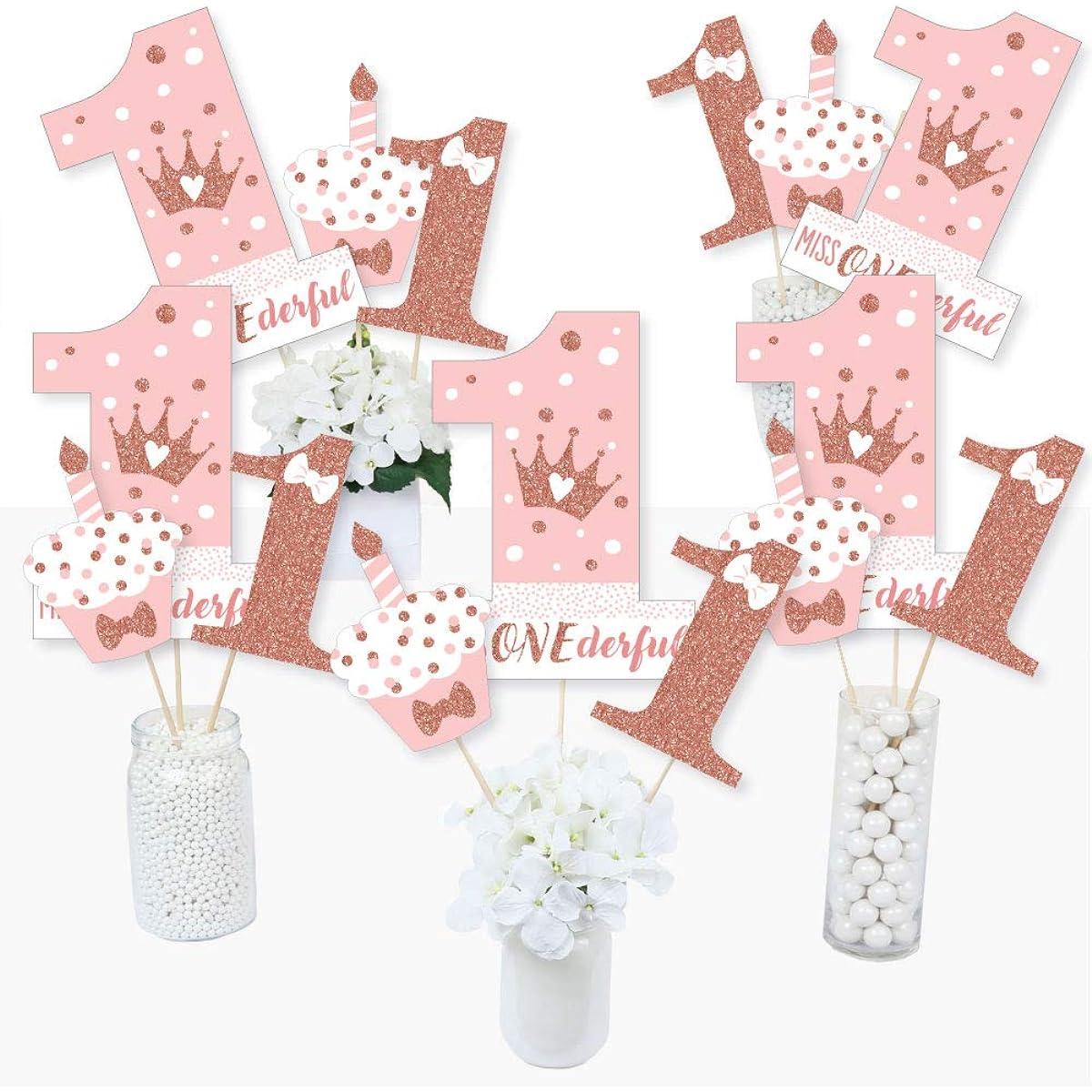 Big Dot of Happiness 1st Birthday Little Miss Onederful - Girl's First Birthday Party Centerpiece Sticks - Table Toppers - Set of 15