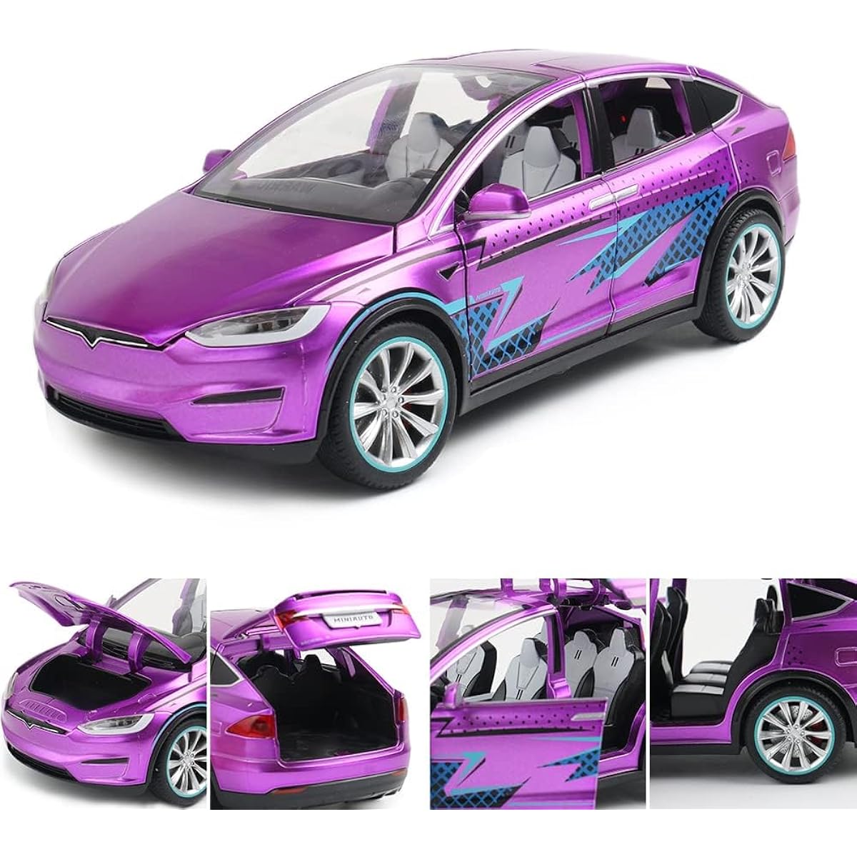 1/24 Diecast Model X Toy Car Alloy Casting Pull Back Collectible Car with Sound and Light Eagle Wing Door Tesla Big Model