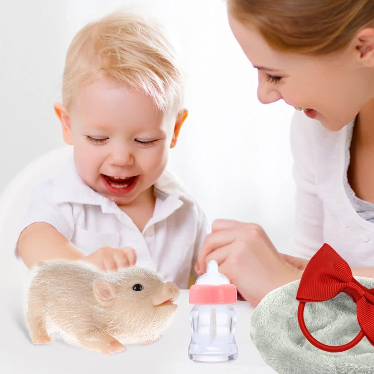 Eummy Full Silicone Body Animal Pig Kids Doll Silicone Pig Cute Realistic Pig Toy Mini Baby Piggy Doll Soft Body with Pig Bowknot with Feeding Bottle and Sleeping Pad Gift for Kids(Style 2)