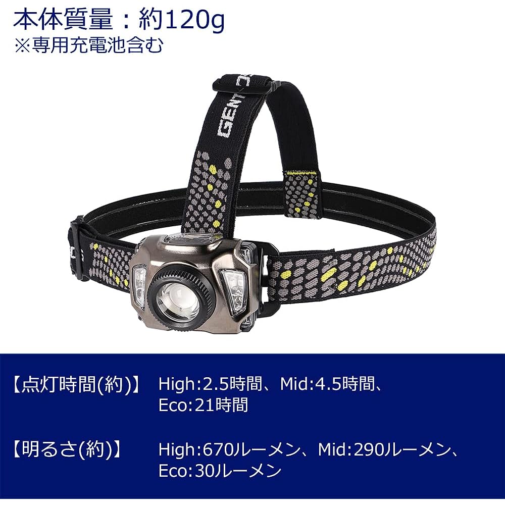 GENTOS LED headlight USB rechargeable [Brightness 670 lumens/Practical lighting 2.5 hours/Dustproof/Splashproof] Uses dedicated rechargeable battery or 3 AAA batteries (sold separately) Axley AR-100H