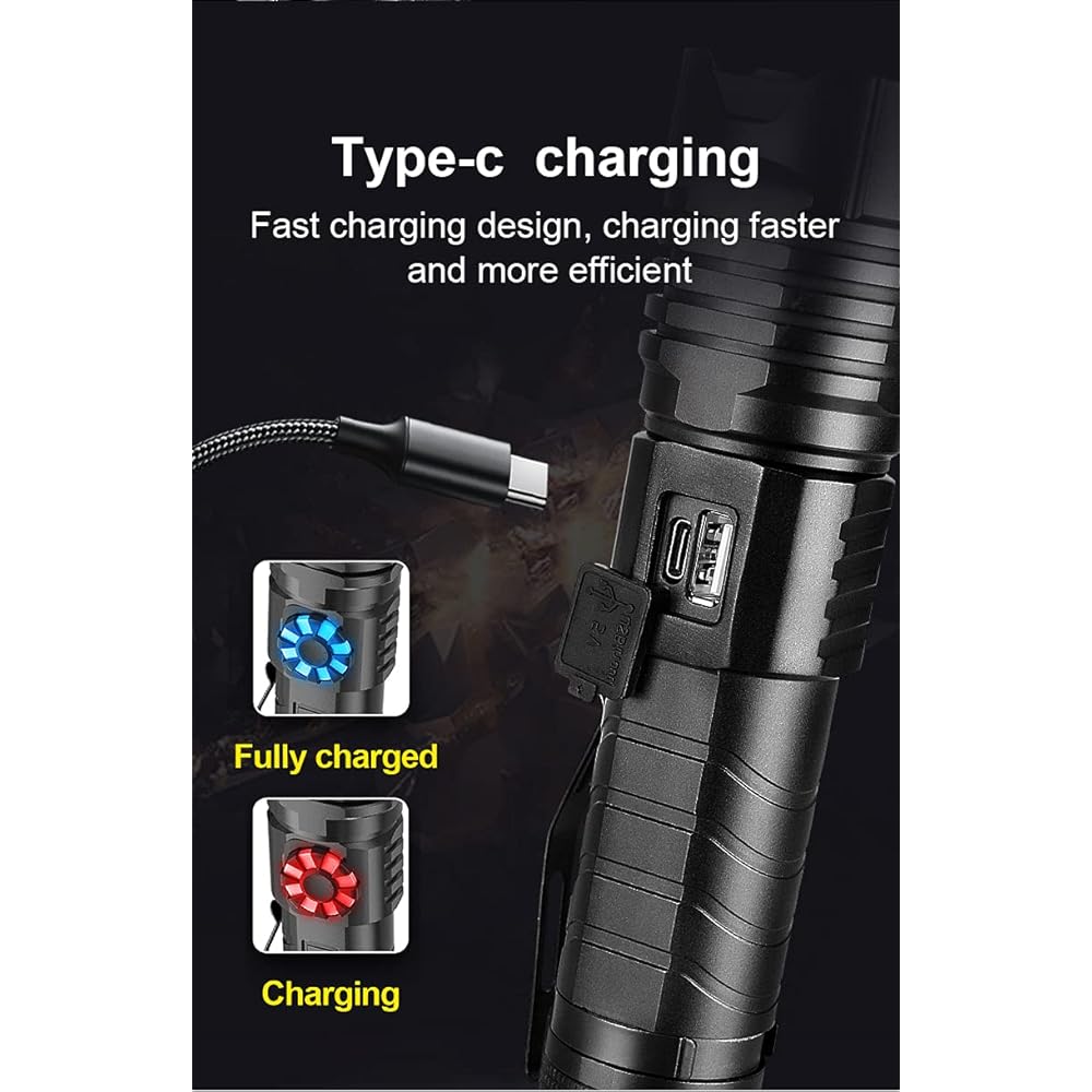 LED Flashlight USB Rechargeable, XHP99 8000 Lumens Super Bright Tactical Flashlight, 4 Modes Stepless Dimming Zoomable Waterproof Powerful Handheld Torch Light for Camping Hiking Emergency