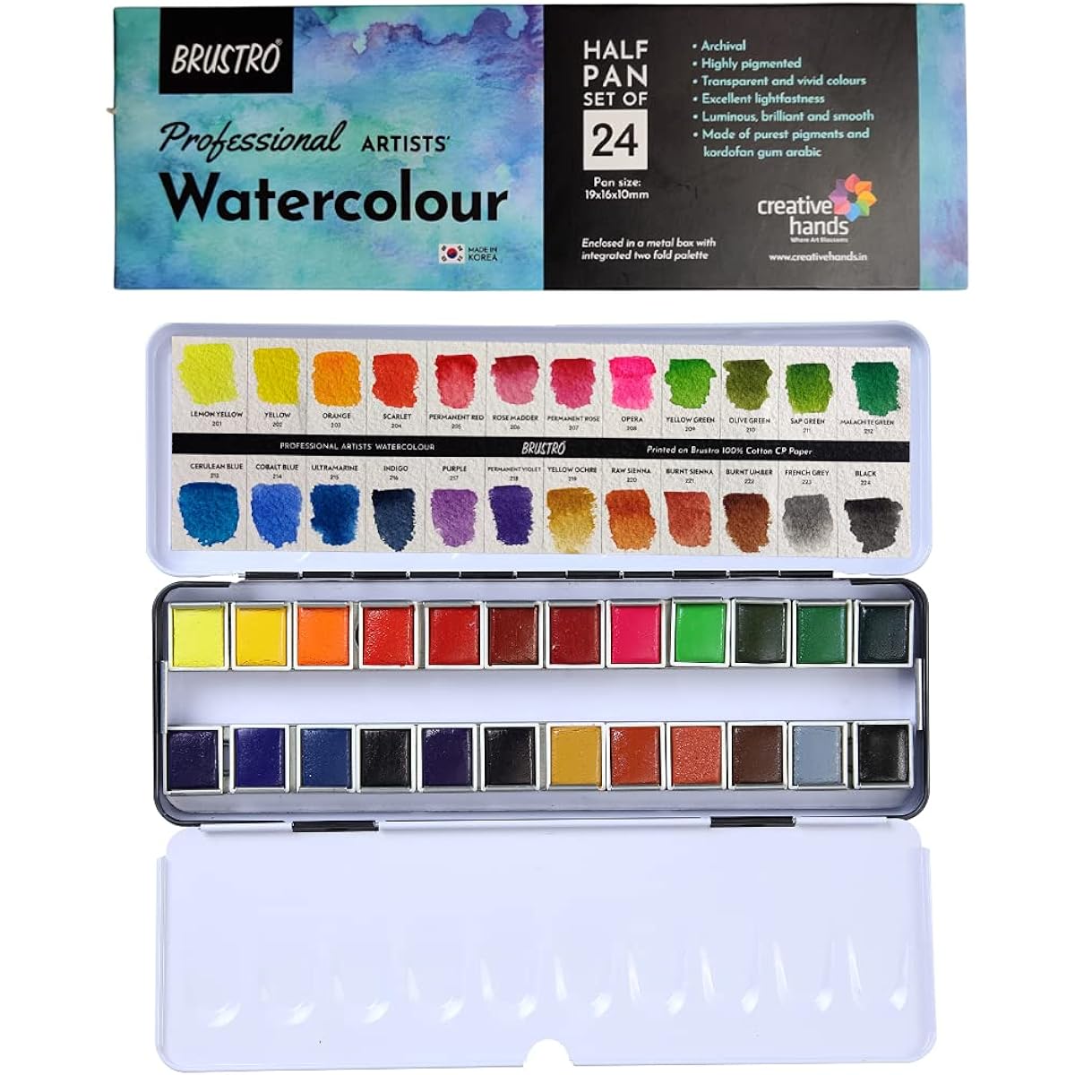 BRUSTRO Professional Artist Watercolor 24 Half Pan Set (Free 100% Cotton Watercolor Pad, Cold Press 300 gsm A4-12 Sheets) 1 Count (1 Pack) 24 Half Pans + Pads