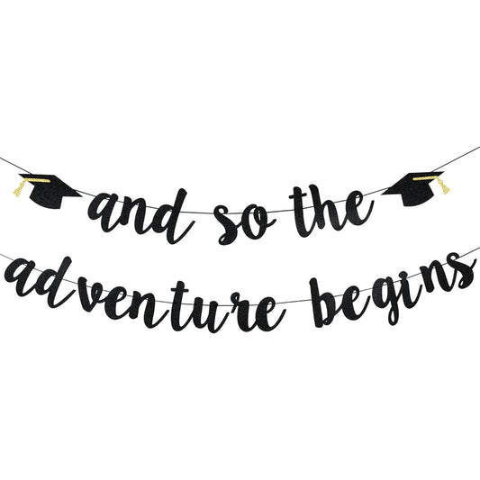 And So The Adventure Begins Banner Black Glitter - 2022 Graduation Decorations Adventure Begins Decorations Black Graduation Party Decorations 2022 Graduation Banner 2022