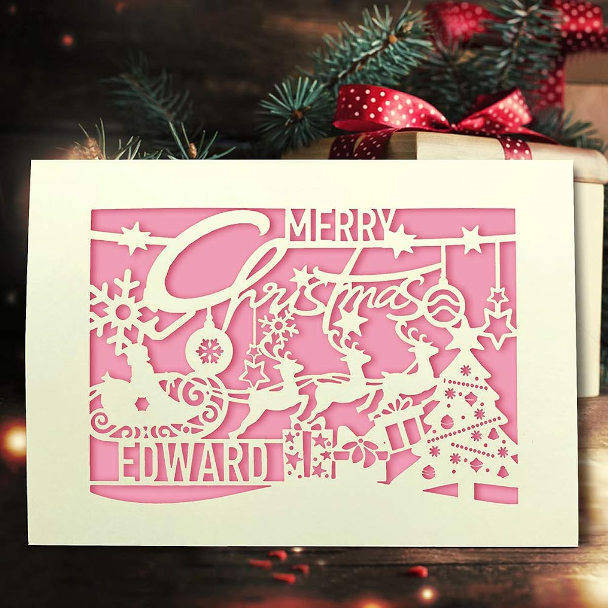Personalized Merry Christmas Cards 2022 Laser Cut Glitter Paper Cards Christmas Greeting Cards with Envelopes Custom Gifts(Pink)