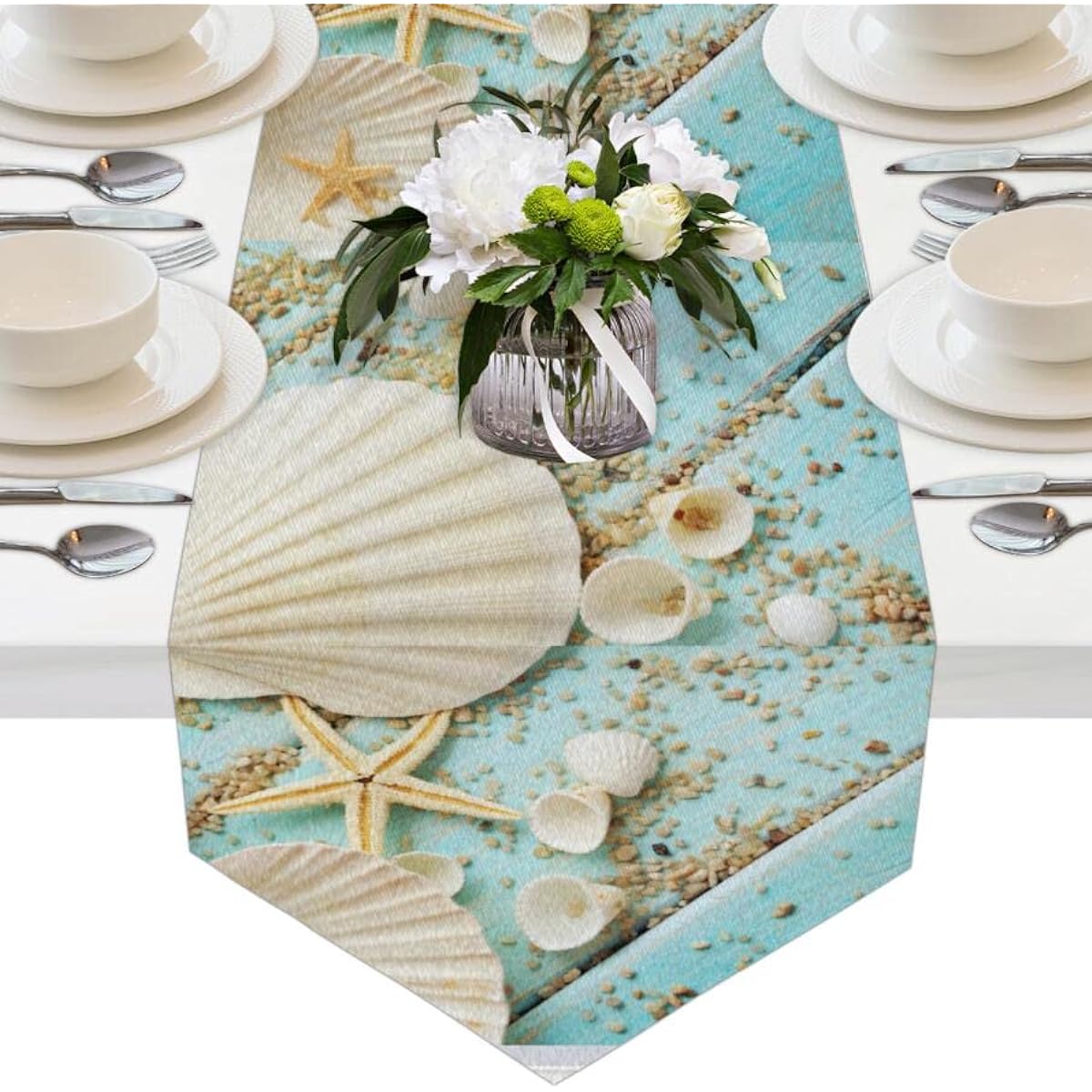 AUUXVA 13" x 70" Long Table Runner Summer Beach Seashell Decorative Polyester Table Runner Tablecloth for Home Coffee Kitchen Dining Table Party Banquet Holiday Decorations