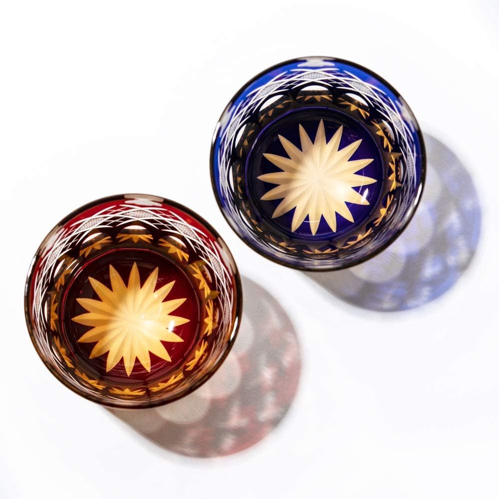[Taimuro Kobo Official] Edo Kiriko Quatrefoil with Yarai Fish Crest Old Glass Pair (Amber Red/Amber Ruri) TB94429ARB Wooden Box Made in Japan