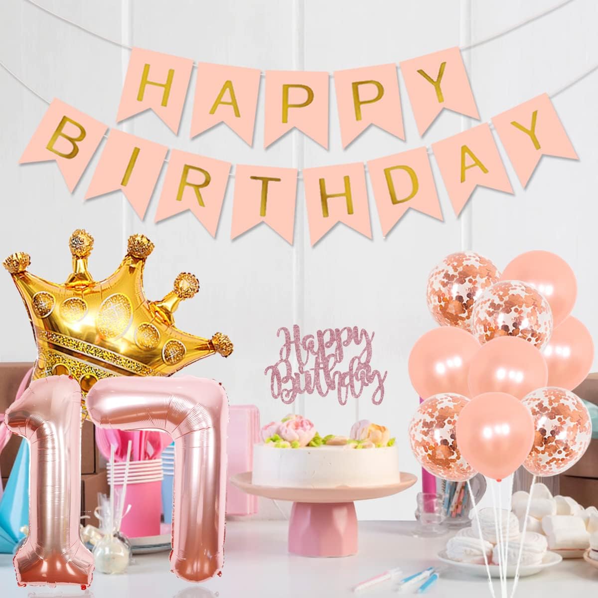 Dancing Queen 17th Birthday Decorations, Rose Gold Dancing Queen Number 17 Balloons, Sash, Happy Birthday Banner, Cake Topper, Crown, Confetti Balloons