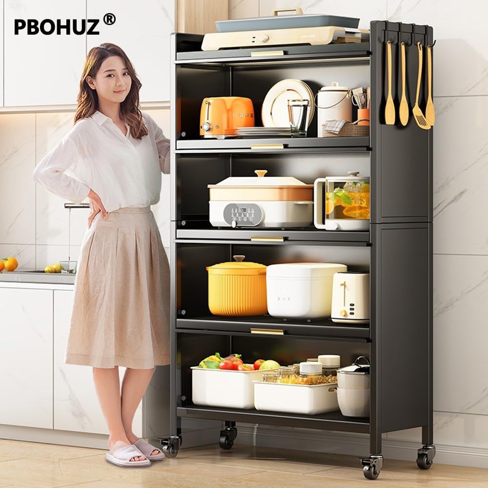 PBOHUZ Slim Cupboard for Living Alone, Black, 5 Tiers, Cupboard, Width 60cm, Depth 36cm, Height 147cm, Cupboard for Living Alone, Comes with Casters, Scandinavian Style, Large Capacity, Comes with Doors, Dustproof (Black)