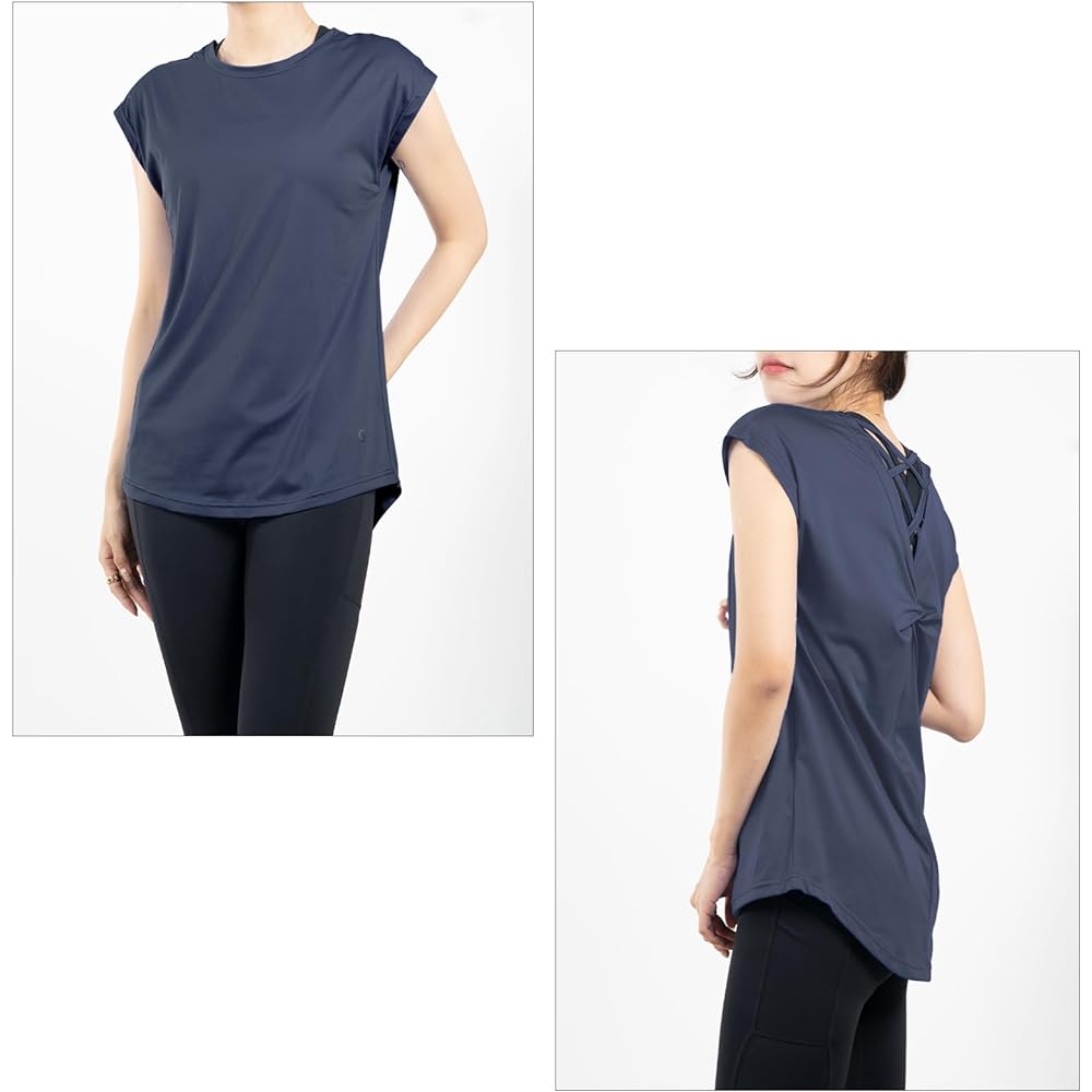[iito.seasons] Yoga Wear, Women's Tops, Back Design, Beautiful Back, Long Length, Body Covering, T-Shirt, Crew Neck, Short Sleeve, Loose, Body Covering, Cold Feeling Shirt, Plain, Feminine, Sports, Fitness, Training, Room Wear, Stylish