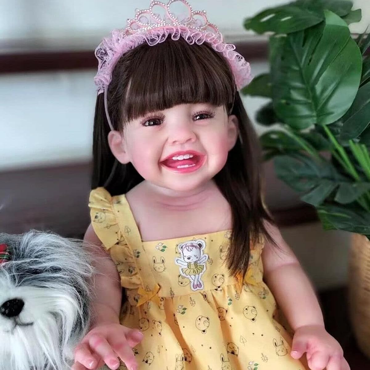 Meeler Reborn Doll Girl 68cm Realistic Smiling Baby Doll Toy Brown Hair Happy Girl Reborn Full Body Silicone Vinyl Handmade Realistic Looking Toddler Doll Kids Birthday Gift Toy