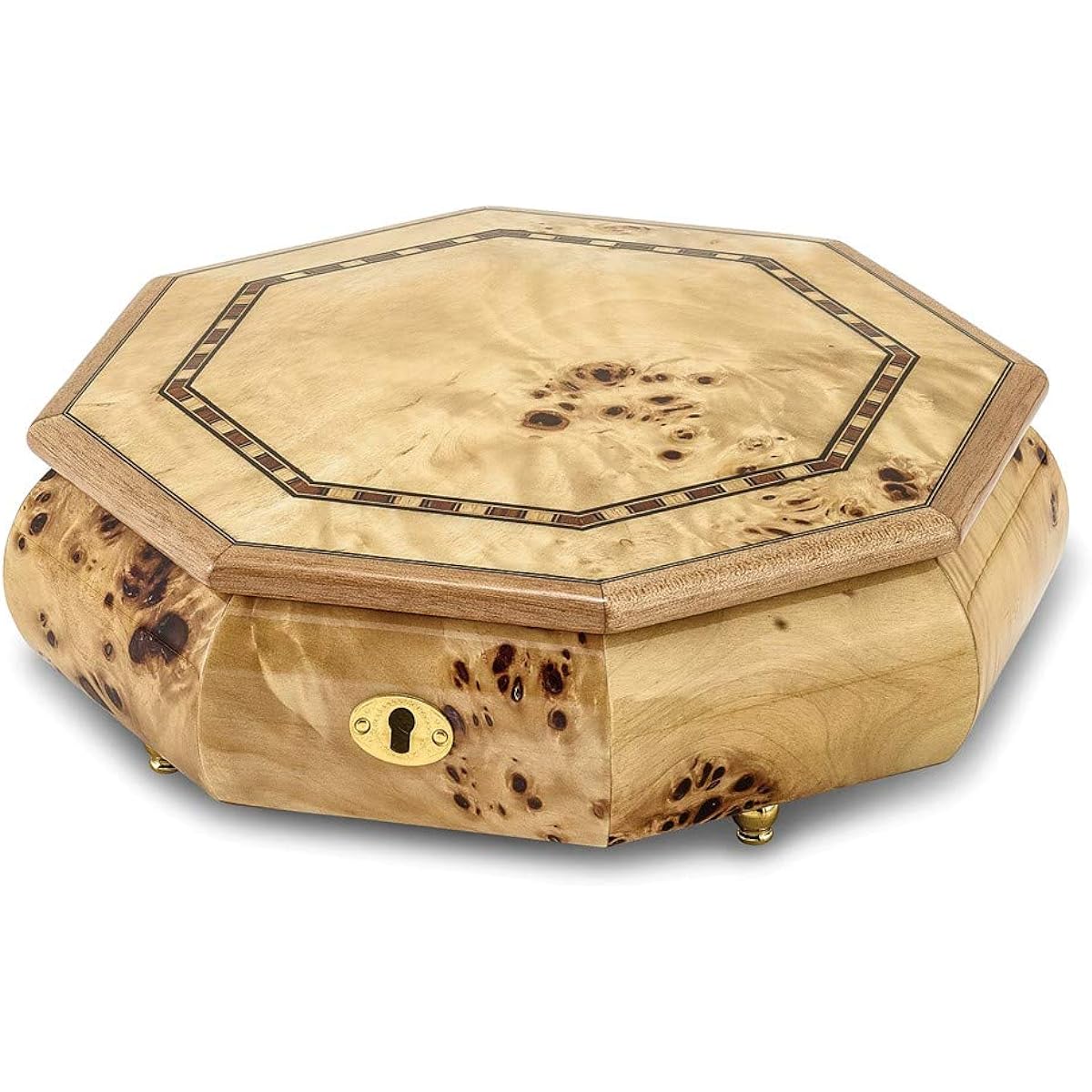 Jewels By Lux Walnut Verl Veneer Octagonal Music Box with Inlaid Lock Music Box Plays Fur Elise
