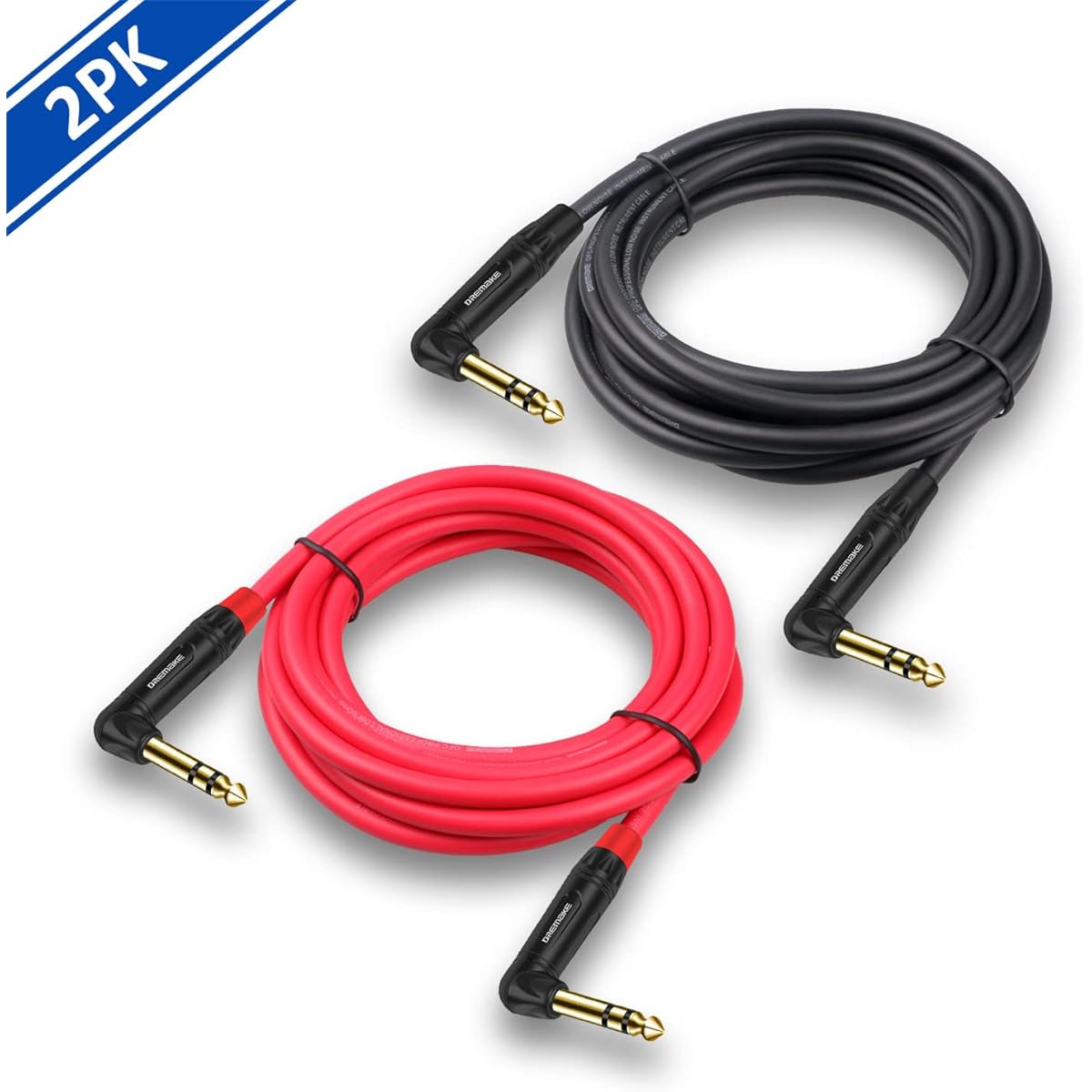 DREMAKE Right Angle TRS 6.35mm Stereo Audio Cable 6ft 2 Pack 6.35mm Balanced Guitar Amplifier Cord TRS 1/4" Male to Male Interconnect Cord for Mixer Speaker Equalizer Quarter Inch L-Shape Plug