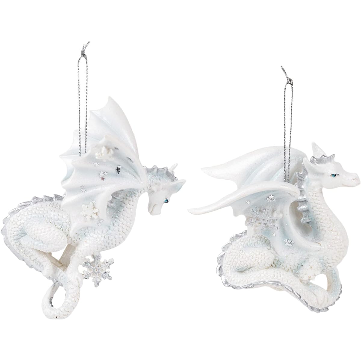Set of 2 Silver and White Snowflake Dragon Ornaments Christmas