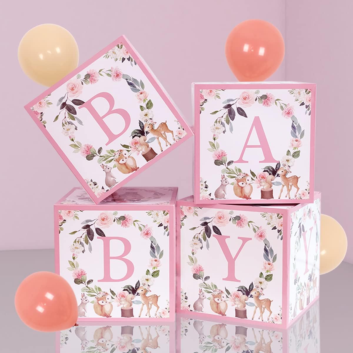 Woodland Baby Shower Box 1st Birthday Party Decorations Pink Floral Theme Girl's Party Balloon Box Jungle Welcome Baby Decorations Woodland Animal Theme Box for Spring Party
