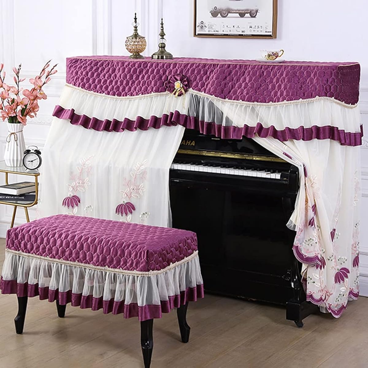 European Style Full Piano Cover, Fabric Upright Piano Lace Embroidery Vertical Piano Cover Thickened Dust Protection Stool Cover Instrument Accessories (Color : Purple, Size : Stool Cover 78*38cm)