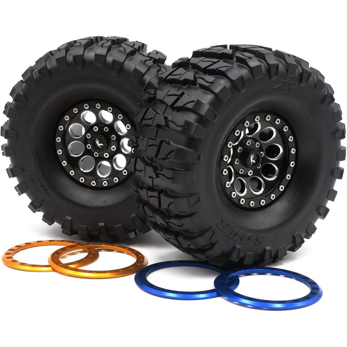 hobbysoul RC 2.2 Crawler Mud Tires AR Sour Tires Height(OD):135mm & Aluminum 2.2 Beadlock Wheel Rims with 3 Color Rings(Black/Blue/Gold Color Rings) 4pcs